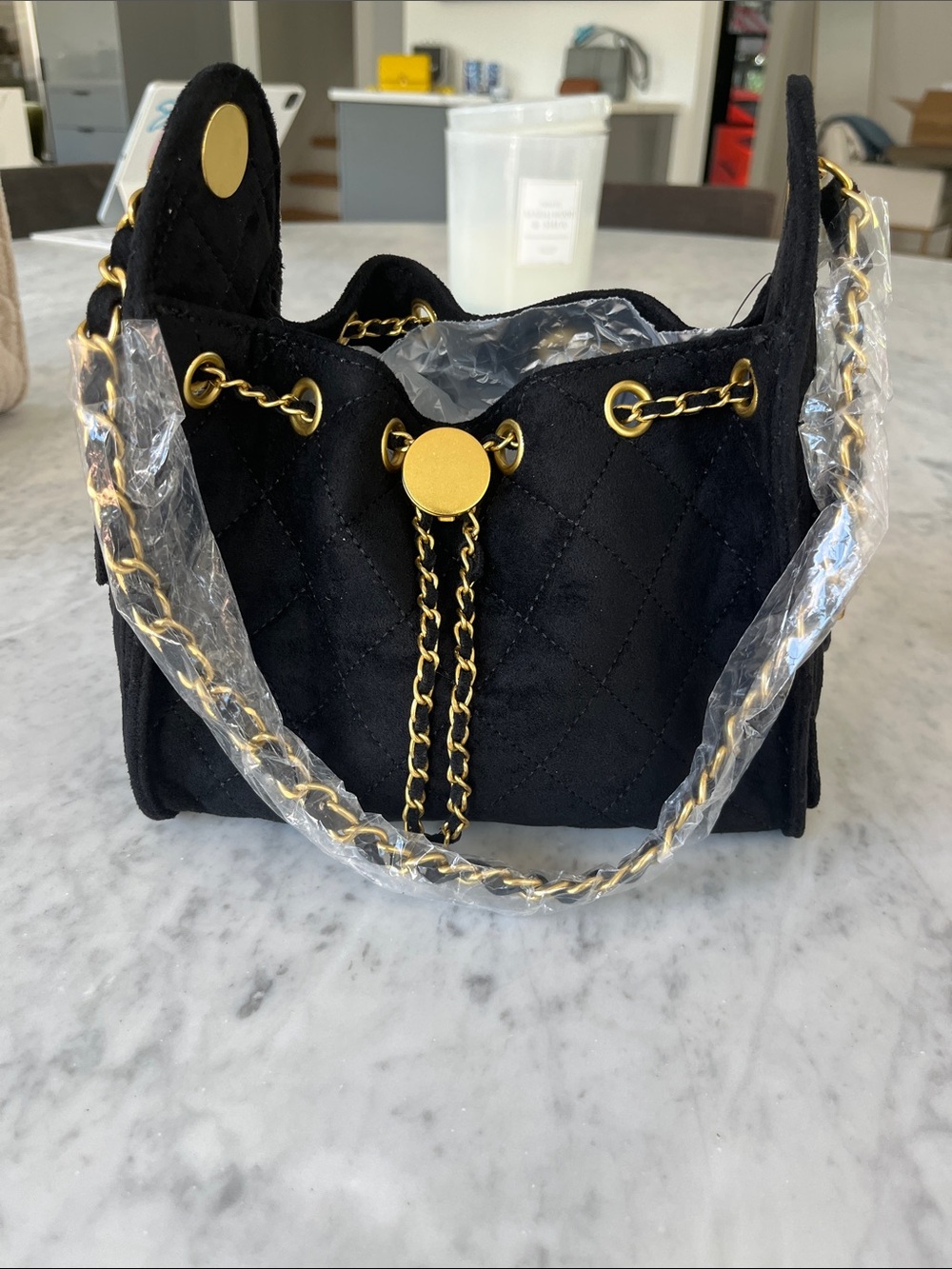 Quilted Drawstring Shoulder Bag - Black with Gold Hardware mini 25